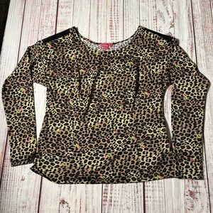 Betsey Johnson Leopard Print Top with Pink and Green Floral Accents